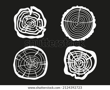 Tree rings. Cracked tree stump. Cross section of the trunk. Set of hand drawn elements. Black and white illustration