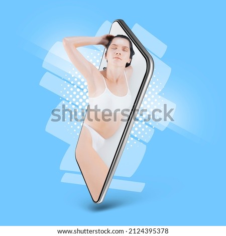 Creative contamporary art collage, Young beautiful girl at phone screen isolated on blue background. Your smartphone or other device - all you need for modern lifestyle. Beauty, spa, ads