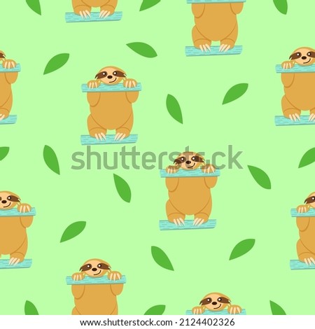 Seamless pattern. Sloths sitting on turquoise fence and green leaves. Pastel green background. Cartoon character. Cute and funny. Summer and spring. Wallpaper, textile, scrapbooking and wrapping paper