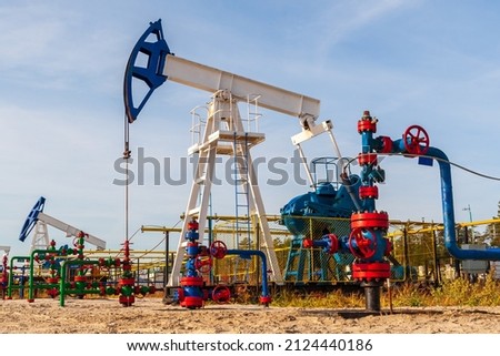 Oil pumping chair in the fields of Siberia. Oil and gas industry in Russia. Royalty-Free Stock Photo #2124440186