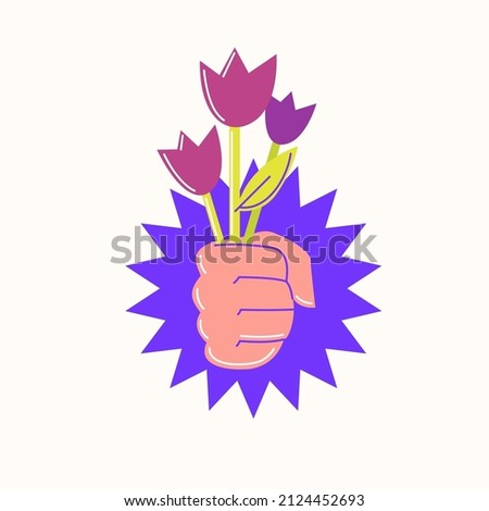 A bouquet of spring flowers. The hand holds a bouquet for a gift. Modern fashionable youth graphics.