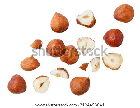 Falling hazelnuts whole and pieces close-up on a white background. Isolated Royalty-Free Stock Photo #2124453041