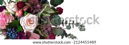beautiful bouquet isolated on white background. Long floral banner. Bridal bouquet. floral arrangement. flowers isolated on background. Copy space, Holiday concept. wedding invitation. Royalty-Free Stock Photo #2124455489