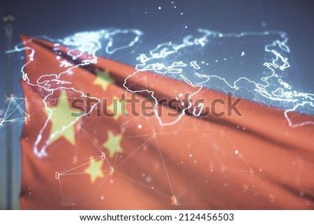 Multi exposure of abstract creative digital world map hologram on flag of China and sunset sky background, tourism and traveling concept