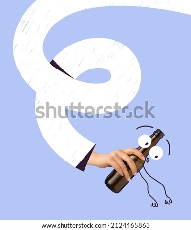 Creative design. Contemporary art collage. Male hand holding beer bootle with drawn cartoon eyes isolated on blue background. Concept of festival, holiday, party, alcohol drinks, Oktoberfest design