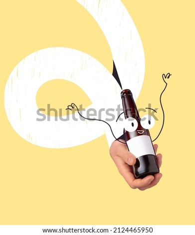 Creative design. Contemporary art collage. Male hand holding beer bootle with drawn cartoon eyes isolated on yellow background. Concept of festival, holiday, party, alcohol drinks, Oktoberfest design