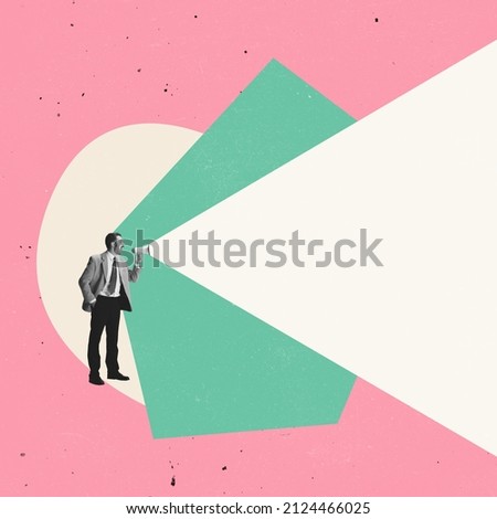 Creative design. Manager shouting in megaphone, public speech, promotion ad job issues discussion. Employment announcement. Concept of business, communication, information, news, team media relations Royalty-Free Stock Photo #2124466025
