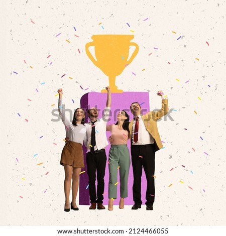 Creative design, contemporary art collage of group of people celebrating victory near gold cup trophy symbol. Concept of win, competition, achievement, happiness, support. Copy space for ad