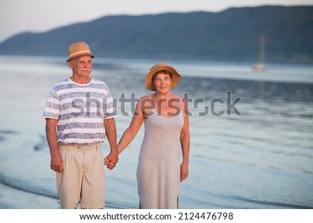 healthy seniors lifestyle. loving seniors couple spend time together. elderly couple walks along the beach in the evening on a summer day
