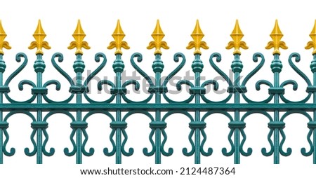 Old green and yellow wrought iron grating with floral decorations - seamless pattern, on white background for easy selection useful for renderings applications Royalty-Free Stock Photo #2124487364