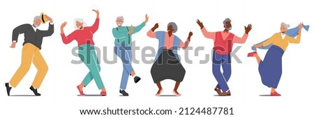 Old Men and Women Dance Isolated on White Background. Senior Pensioners in Fashioned Clothes Dancing, Relaxing on Party. Elderly Characters Leisure or Active Hobby. Cartoon People Vector Illustration Royalty-Free Stock Photo #2124487781