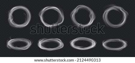 Smoke rings set. Abstract realistic vape round symbol. Steam frame after cigarette, pipe or hookah smoking. Fog flowing in round border isolated on transparent background. Vector illustration