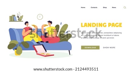 Happy cartoon boyfriend and girlfriend eating pizza together. Man and woman sitting on couch at home flat vector illustration. Relationship, love, junk food concept for banner or landing web page