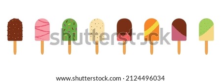 Vector set clip-art eight different popsicles on a stick on a transparent background. Ice cream illustration.