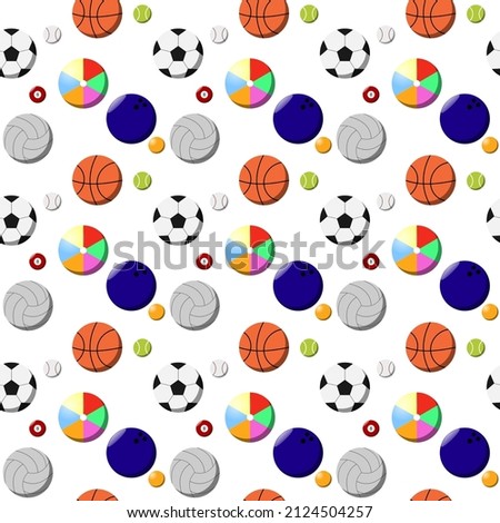 Seamless pattern of round balls for different sports, games, and recreational activities in vector flat illustration collection, isolated on white background. Great for wallpaper for the nursery.