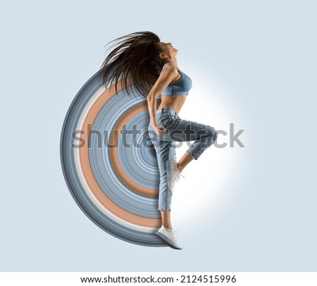 Woman jumping on art paint background. Flyer. Concept of sport, dance, fitness