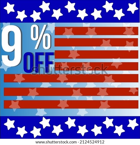 9 percent off discount, red stripes blue lines top and bottom with white stars