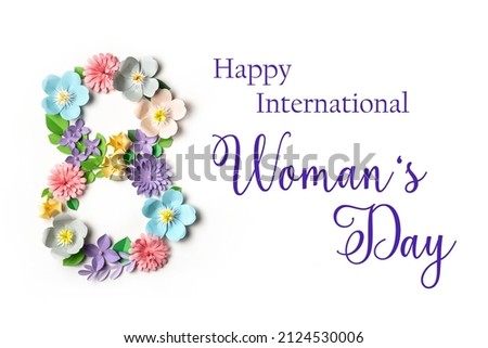 International woman's day card with floral design on white background. Paper art and handcrafting. Flower pattern. Eights of March Royalty-Free Stock Photo #2124530006