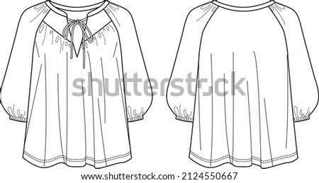 Woman round neck blouse with gathering detail fashion CAD, long balloon sleeved top with bow sketch, technical drawing, flat, template. Jersey or woven fabric blouse with front, back view, white color Royalty-Free Stock Photo #2124550667