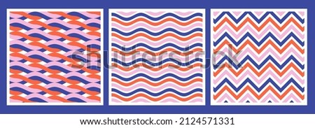 Vector seamless Pattern. Colorful geometric ornament with pink, orange and blue colors. Background design of Waves, pyramids and node bundle.