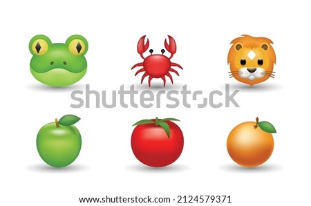 6 Emoticon isolated on White Background. Isolated Vector Illustration. Lion, frog, crab, green apple, tomato, orange fruit vector emoji illustration. 3d Illustration set.