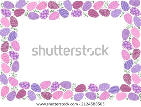 Horizontal frame of easter decorated eggs and leaves. Flat style eggs in pink and purple colors.