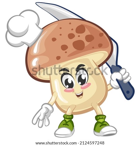 vector illustration of mushroom mascot of chef ready with his kitchen knife