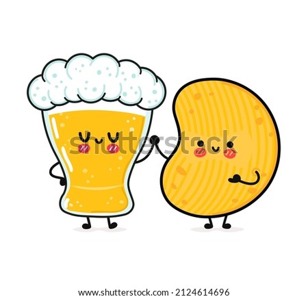 Cute, funny happy glass of beer and chips. Vector hand drawn cartoon kawaii characters, illustration icon. Funny cartoon glass of beer and chips mascot character concept emoji,face,adorable,kids Royalty-Free Stock Photo #2124614696