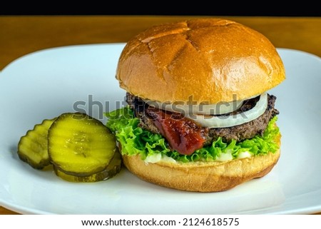 hamburger on a brioche bun with onions and ketchup, 