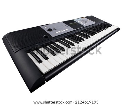 Piano keyboard. Music background.  Play piano. Synthesizer on a white background with a gradient. Professional analog synth device with classic pianist keyboard and regulators.