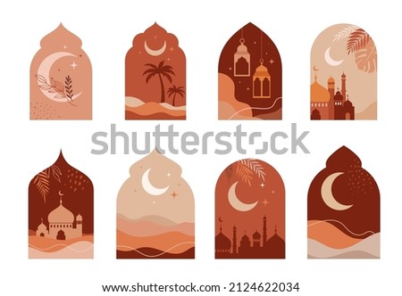 Collection of oriental style Islamic windows and arches with modern boho design, moon, mosque dome and lanterns  Royalty-Free Stock Photo #2124622034