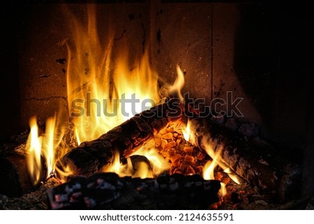 Bright burning wood in a fireplace with sparks close-up