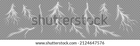 The effect of lightning and lighting, set of zippers. Thunder storm and lightnings. Realistic stormy clouds with lightning effects isolated on transparent background. Light effect. Vector illustration Royalty-Free Stock Photo #2124647576
