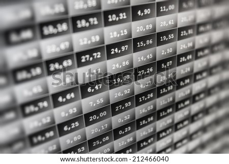 Stock market price digital display abstract. Modern virtual technology, illustration binary code on abstract technology background. Media gray and black image with graphs and icons. Shallow DOF effect