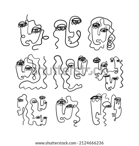 Set of abstract one line faces. Collection clip art design. 