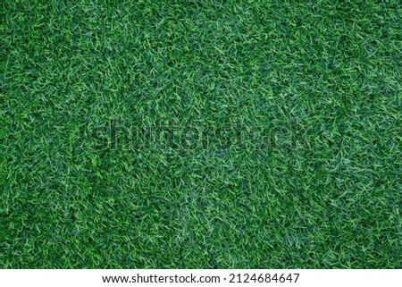 Close-up of green artificial grass on the ground in the garden with copy space for text background.