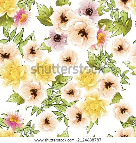 Abstract seamless pattern with plants, herbs and flowers, botanical illustration.