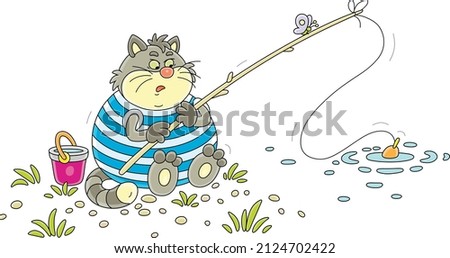 Funny fat cat in a striped T-shirt fishing on a small pond in countryside on summer vacations, vector cartoon illustration isolated on a white background