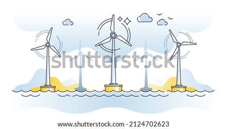 Offshore windmill system outline concept. Electrical energy generator technology for alternative and renewable energy production. Green environmental industry development and world wide strategy. Royalty-Free Stock Photo #2124702623