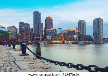 Boston Harbor and Financial District at sunset. Boston- Massachusetts, USA