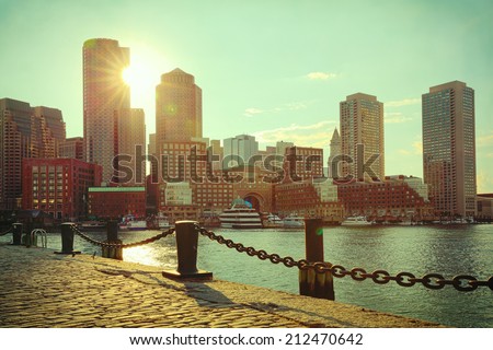 Boston Harbor and Financial District at sunset. Boston- Massachusetts, USA. Retro filter effect.