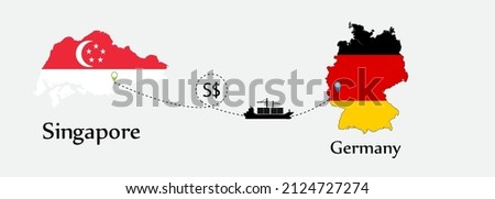 Business concept of both country. Ship transport from Singapore go to Germany. And flags symbol on maps. EPS.file.Cargo ship.