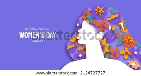 Female portrait with paper cut flowers. Happy Women's day. Happy Mother's Day. Abstract Hand drawn paper cut floral shapes. Trendy contemporary art. 8 March. Spring. Paper art work. Very peri color. Royalty-Free Stock Photo #2124727727