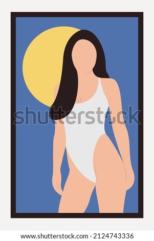Woman model in swimsuit bikini portrait. Female body in one piece swimsuit. Design for print and poster. 