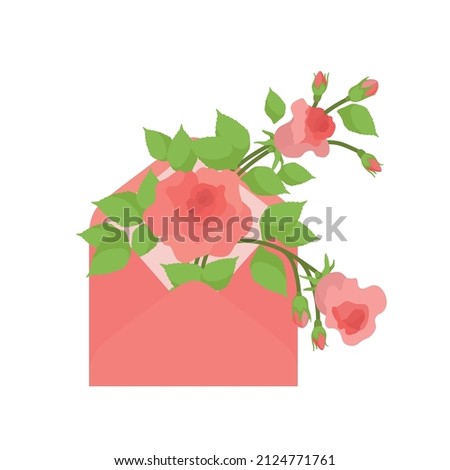 Logo for the design of postcards for Mother's Day, International Women's Day, Birthday. A rose bush in a postal envelope. A letter of congratulations. Vector isolated colorful element. 
