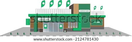 Green store design with color geometric shapes. Elements of outdoor advertising. Corporate identity. Supermarket template. Commercial center template. Mall design vector illustration. Royalty-Free Stock Photo #2124781430