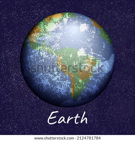 Blue green planet Earth with clouds on dark blue space background. Vector realistic illustration of cosmic object from solar system, with caption