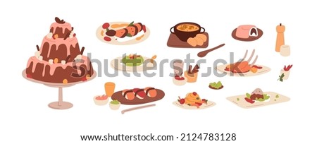 Dishes, meals set. Cooked food from restaurant. Served dinner portions on plates, cake, desserts, pastry, soup, main courses, pasta and sushi. Flat vector illustrations isolated on white background
