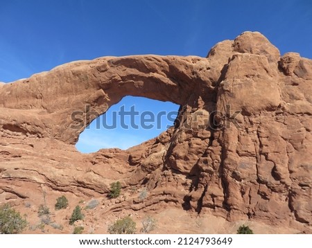 A beautiful scenery of Arches National Park, Utah, USA in winter season. Some photos show the detailed structure of rock surface. White remaining snow adds more attractions.