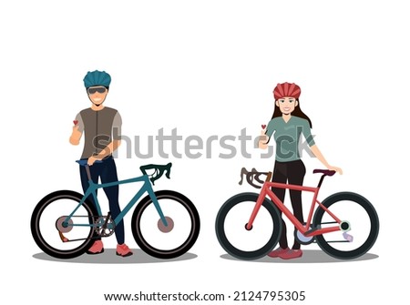 A woman and a man who is a cyclist stand with a road bike.They both made their hands in the shape of Mini Heart.Isolated vector illustration on a white background.